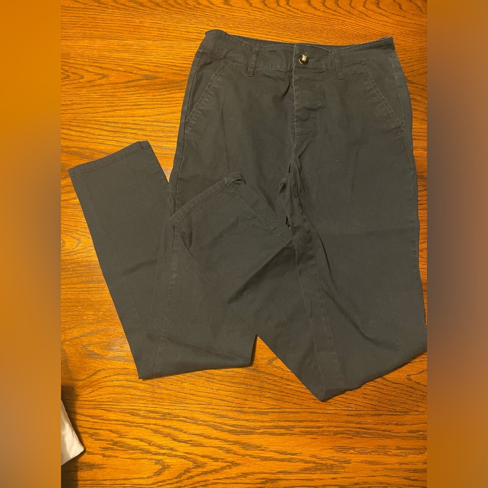 ASOS - men’s slim fit navy pant with button closure.